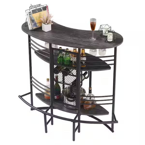 English Elm Oval Half Moon Bar Table with Stemware Rack Wine Storage and Warm Wood Top Gray B347P526221