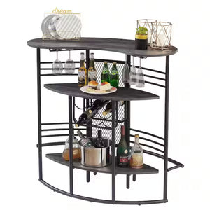 English Elm Oval Half Moon Bar Table with Stemware Rack Wine Storage and Warm Wood Top Gray B347P526221