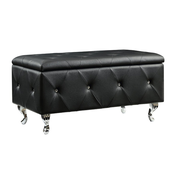 English Elm Black Diamond Tufted Bonded Leather Storage Ottoman with Crystal Buttons for Bedroom B347P526231