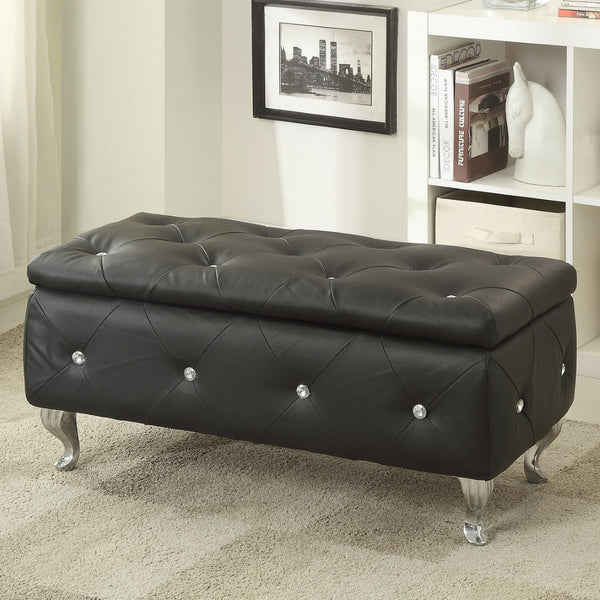 English Elm Black Diamond Tufted Bonded Leather Storage Ottoman with Crystal Buttons for Bedroom B347P526231