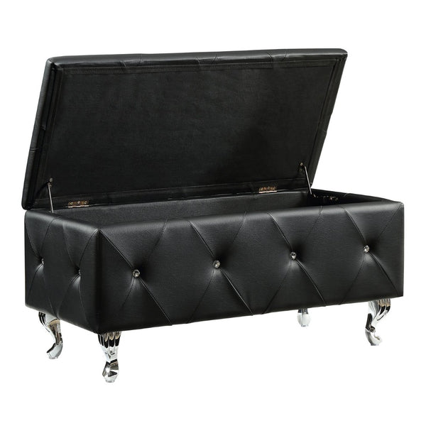 English Elm Black Diamond Tufted Bonded Leather Storage Ottoman with Crystal Buttons for Bedroom B347P526231