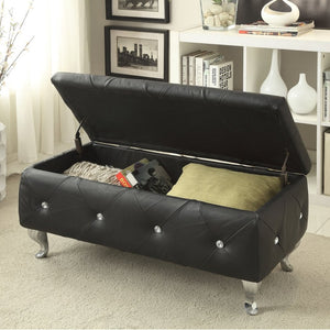 English Elm Black Diamond Tufted Bonded Leather Storage Ottoman with Crystal Buttons for Bedroom B347P526231
