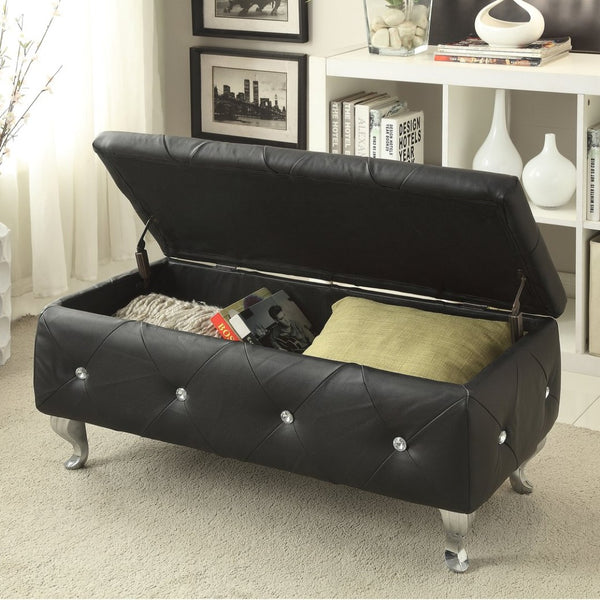 English Elm Black Diamond Tufted Bonded Leather Storage Ottoman with Crystal Buttons for Bedroom B347P526231