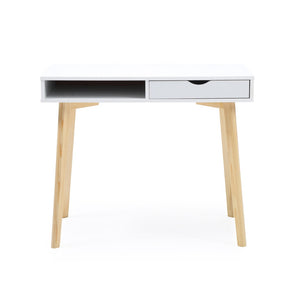 English Elm White Nordic Writing Desk with Solid Hardwood Legs and Tiered Storage for Small Spaces B347P526297