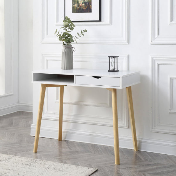 English Elm White Nordic Writing Desk with Solid Hardwood Legs and Tiered Storage for Small Spaces B347P526297