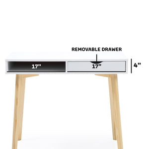 English Elm White Nordic Writing Desk with Solid Hardwood Legs and Tiered Storage for Small Spaces B347P526297
