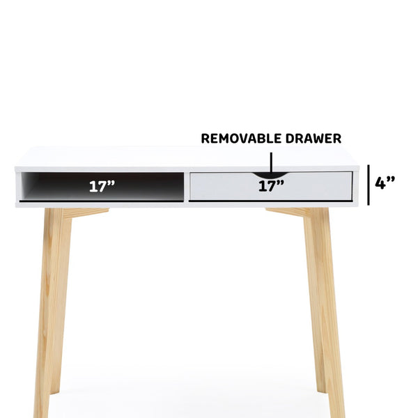 English Elm White Nordic Writing Desk with Solid Hardwood Legs and Tiered Storage for Small Spaces B347P526297