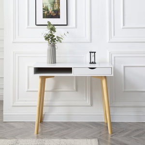 English Elm White Nordic Writing Desk with Solid Hardwood Legs and Tiered Storage for Small Spaces B347P526297