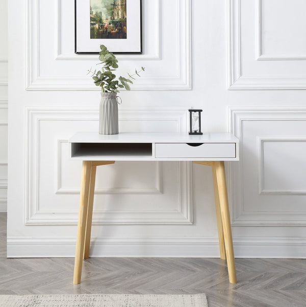 English Elm White Nordic Writing Desk with Solid Hardwood Legs and Tiered Storage for Small Spaces B347P526297