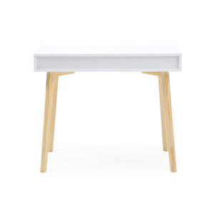 English Elm White Nordic Writing Desk with Solid Hardwood Legs and Tiered Storage for Small Spaces B347P526297
