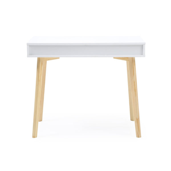 English Elm White Nordic Writing Desk with Solid Hardwood Legs and Tiered Storage for Small Spaces B347P526297