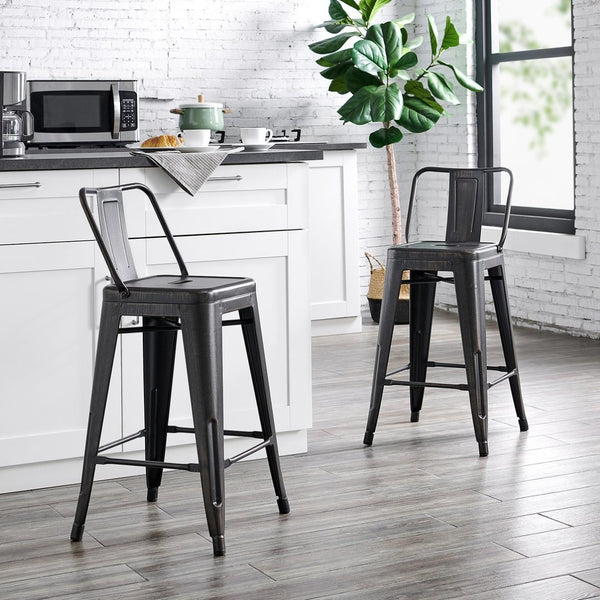 English Elm 24"metal Barrel Back Barstools Matte Black Set of 2 Industrial Kitchen Counter Seating B347P527053