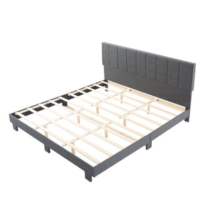 English Elm Luxury Linen King Bed with Adjustable Headboard Solid Wood Slat Foundation Dark Gray B347P531838