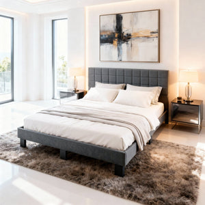 English Elm Luxury Linen King Bed with Adjustable Headboard Solid Wood Slat Foundation Dark Gray B347P531838