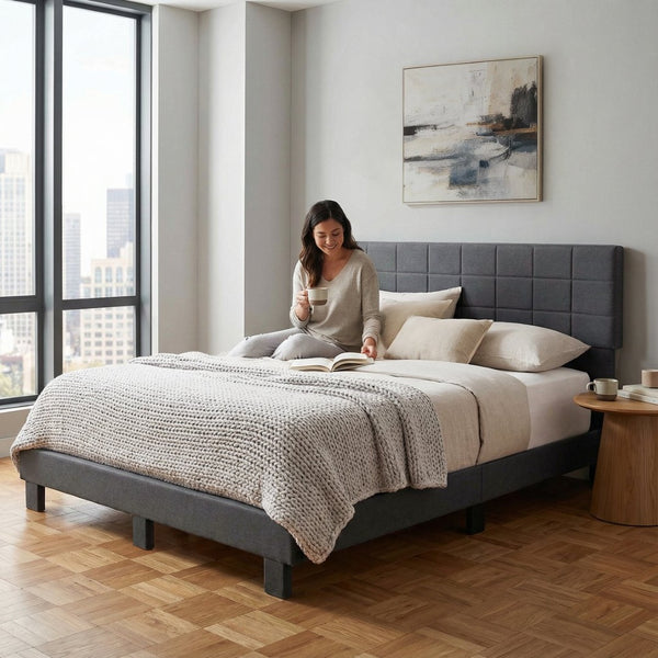 English Elm Luxury Linen King Bed with Adjustable Headboard Solid Wood Slat Foundation Dark Gray B347P531838