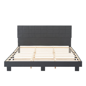 English Elm Luxury Linen King Bed with Adjustable Headboard Solid Wood Slat Foundation Dark Gray B347P531838