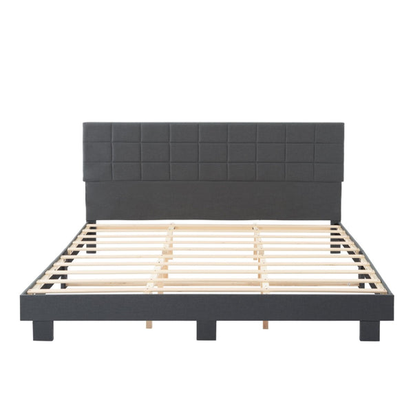 English Elm Luxury Linen King Bed with Adjustable Headboard Solid Wood Slat Foundation Dark Gray B347P531838
