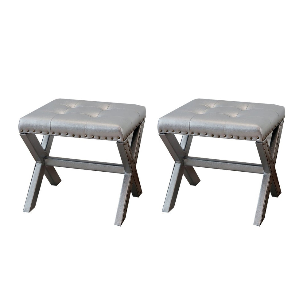 English Elm Accent Stool Tufted Linen Seat with Nailhead Trim and Sculptural Wood X Base Silver B347P531919