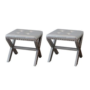English Elm Accent Stool Tufted Linen Seat with Nailhead Trim and Sculptural Wood X Base Silver B347P531919