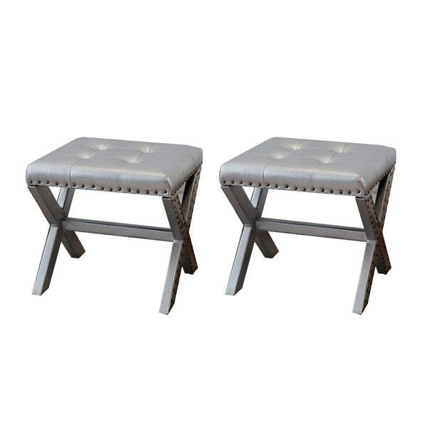 English Elm Accent Stool Tufted Linen Seat with Nailhead Trim and Sculptural Wood X Base Silver B347P531919