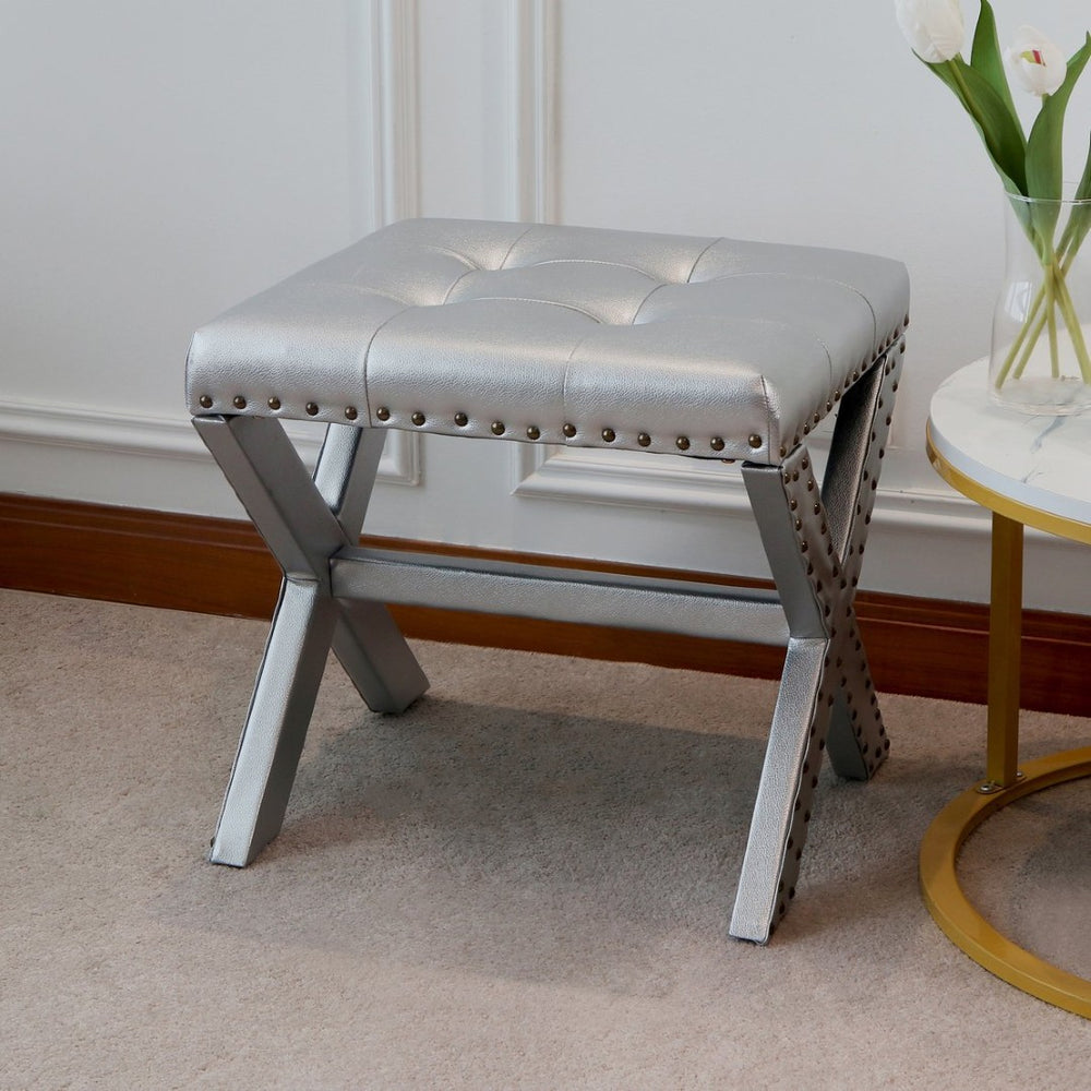 English Elm Accent Stool Tufted Linen Seat with Nailhead Trim and Sculptural Wood X Base Silver B347P531919