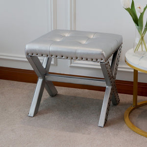 English Elm Accent Stool Tufted Linen Seat with Nailhead Trim and Sculptural Wood X Base Silver B347P531919