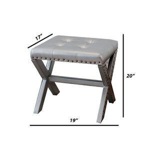 English Elm Accent Stool Tufted Linen Seat with Nailhead Trim and Sculptural Wood X Base Silver B347P531919