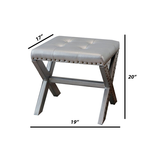English Elm Accent Stool Tufted Linen Seat with Nailhead Trim and Sculptural Wood X Base Silver B347P531919