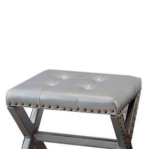 English Elm Accent Stool Tufted Linen Seat with Nailhead Trim and Sculptural Wood X Base Silver B347P531919