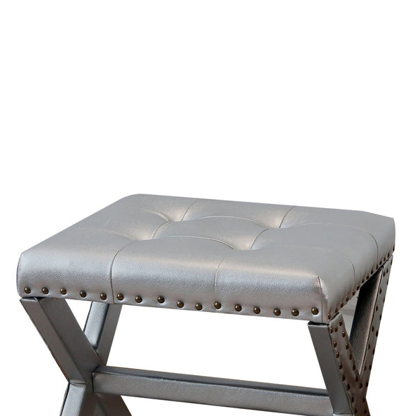 English Elm Accent Stool Tufted Linen Seat with Nailhead Trim and Sculptural Wood X Base Silver B347P531919