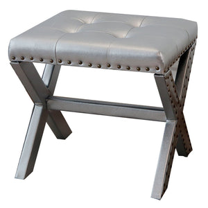 English Elm Accent Stool Tufted Linen Seat with Nailhead Trim and Sculptural Wood X Base Silver B347P531919