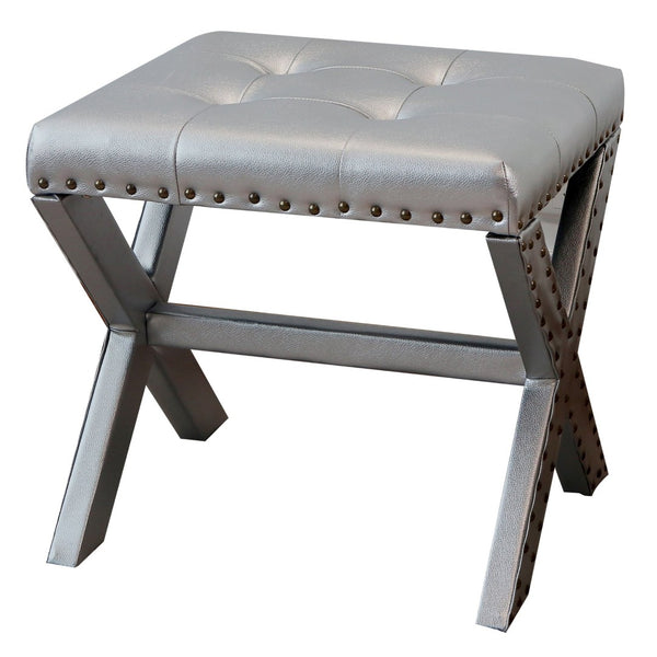 English Elm Accent Stool Tufted Linen Seat with Nailhead Trim and Sculptural Wood X Base Silver B347P531919