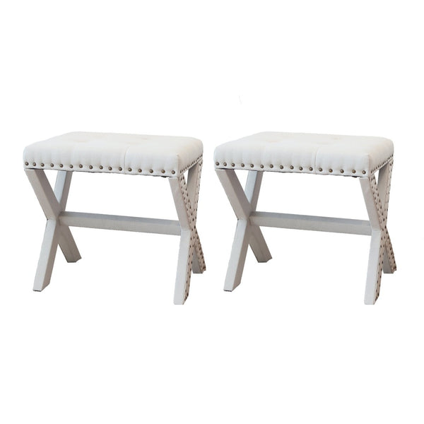 English Elm Accent Stool Tufted Linen Seat with Nailhead Trim and Sculptural Wood X Base White B347P531923