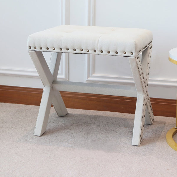 English Elm Accent Stool Tufted Linen Seat with Nailhead Trim and Sculptural Wood X Base White B347P531923