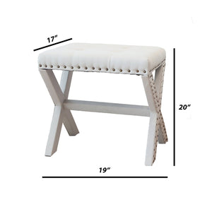 English Elm Accent Stool Tufted Linen Seat with Nailhead Trim and Sculptural Wood X Base White B347P531923