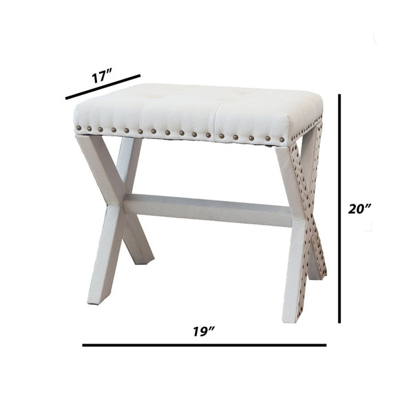 English Elm Accent Stool Tufted Linen Seat with Nailhead Trim and Sculptural Wood X Base White B347P531923
