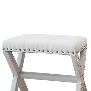 English Elm Accent Stool Tufted Linen Seat with Nailhead Trim and Sculptural Wood X Base White B347P531923