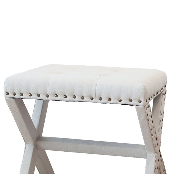 English Elm Accent Stool Tufted Linen Seat with Nailhead Trim and Sculptural Wood X Base White B347P531923
