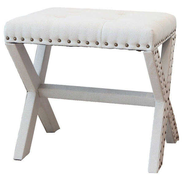 English Elm Accent Stool Tufted Linen Seat with Nailhead Trim and Sculptural Wood X Base White B347P531923