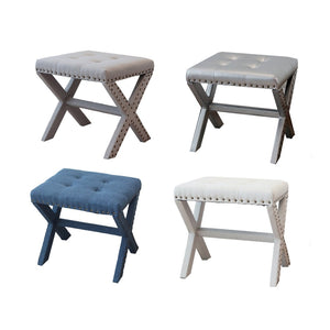 English Elm Accent Stool Tufted Linen Seat with Nailhead Trim and Sculptural Wood X Base White B347P531923