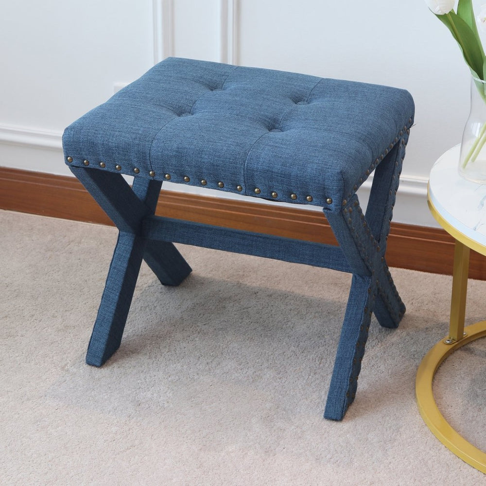 English Elm Accent Stool Button Tufted Linen Upholstered X Base with Nailhead Detail B347P531927
