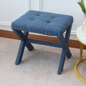 English Elm Accent Stool Button Tufted Linen Upholstered X Base with Nailhead Detail B347P531927