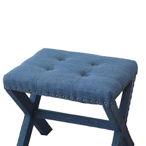 English Elm Accent Stool Button Tufted Linen Upholstered X Base with Nailhead Detail B347P531927