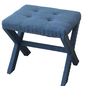 English Elm Accent Stool Button Tufted Linen Upholstered X Base with Nailhead Detail B347P531927