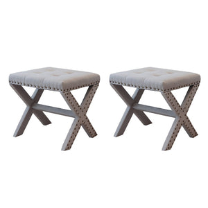 English Elm Accent Stool Tufted Linen Seat with Nailhead Trim and Sculptural Wood X Base Light Gray B347P531931