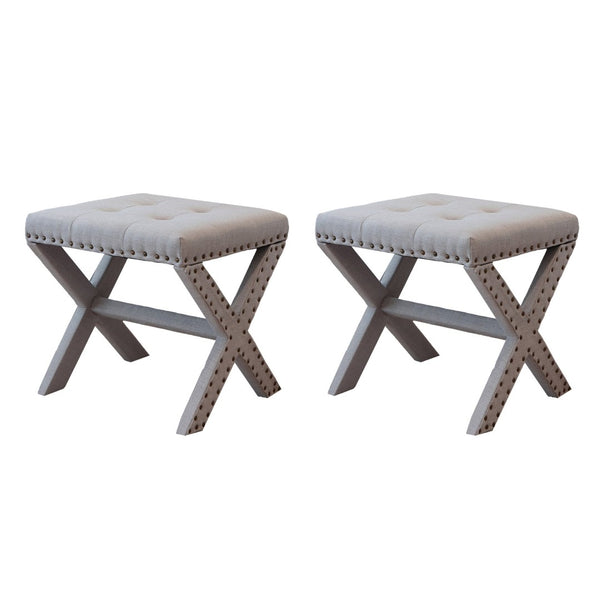 English Elm Accent Stool Tufted Linen Seat with Nailhead Trim and Sculptural Wood X Base Light Gray B347P531931