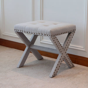 English Elm Accent Stool Tufted Linen Seat with Nailhead Trim and Sculptural Wood X Base Light Gray B347P531931
