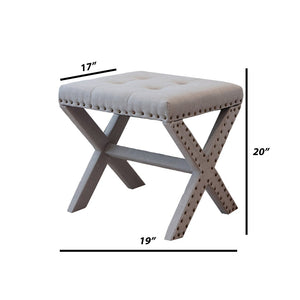 English Elm Accent Stool Tufted Linen Seat with Nailhead Trim and Sculptural Wood X Base Light Gray B347P531931