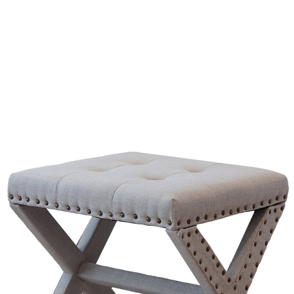 English Elm Accent Stool Tufted Linen Seat with Nailhead Trim and Sculptural Wood X Base Light Gray B347P531931