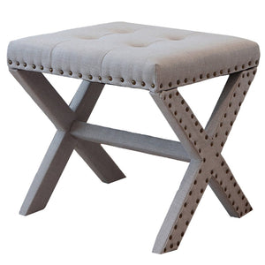 English Elm Accent Stool Tufted Linen Seat with Nailhead Trim and Sculptural Wood X Base Light Gray B347P531931